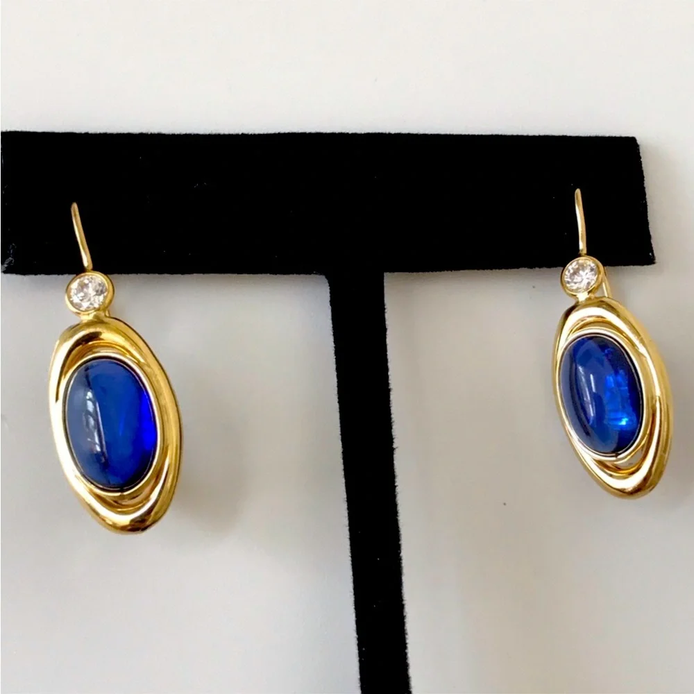 Yulia ONLY 14K Italian Yellow Gold Pomelatto style earrings with blue sapphires - Picture 3 of 13
